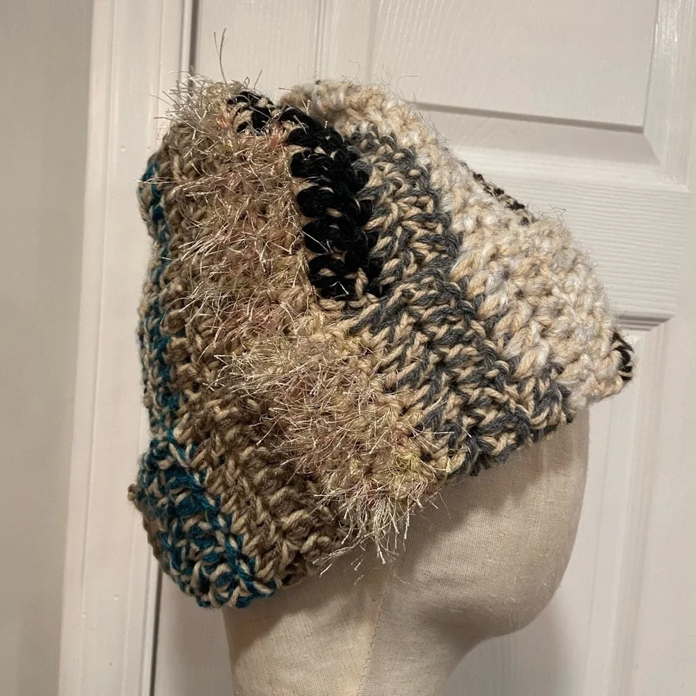 Handmade Crochet Chunky Ribbed Upcycled Multi Fiber Scrappy Yarn Beanie Hat